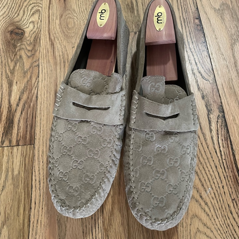 Vintage Suede Leather Gucci Driver Loafer Beige Tan Size 13 46